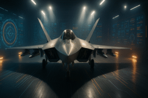 5th generation stealth fighter jet in a high-tech cyberpunk military hangar with glowing digital HUDs and advanced weapons