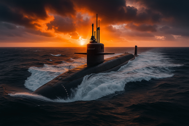 A nuclear-powered submarine cruising through rough ocean waters at sunset, with dramatic clouds and waves highlighting its stealth and power.