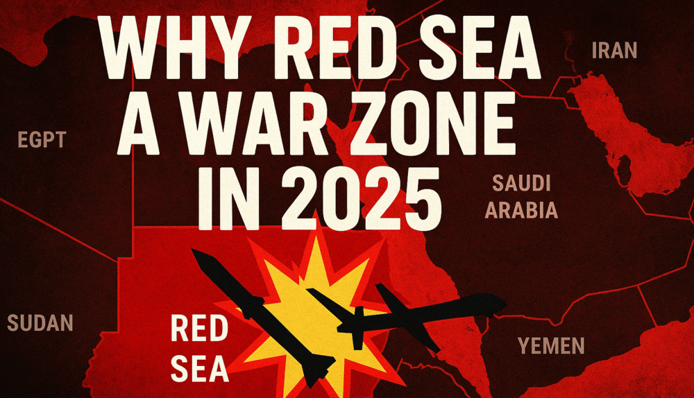 "2025 Red Sea conflict illustrated with drones, missiles, and regional map"