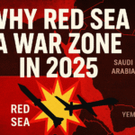 "2025 Red Sea conflict illustrated with drones, missiles, and regional map"