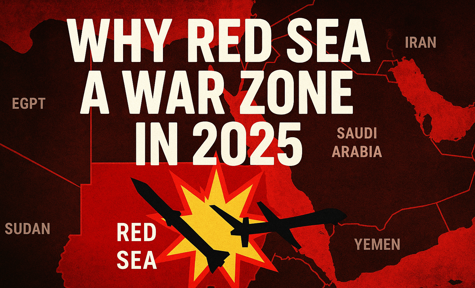 "2025 Red Sea conflict illustrated with drones, missiles, and regional map"