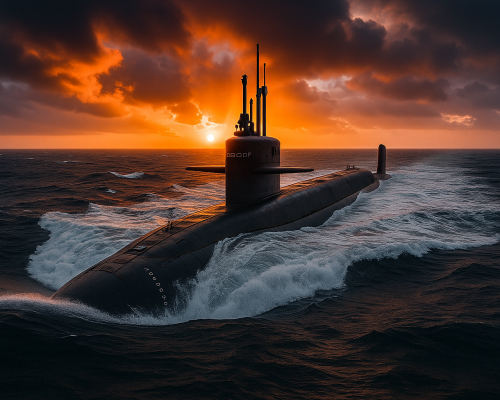 A nuclear-powered submarine cruising through rough ocean waters at sunset, with dramatic clouds and waves highlighting its stealth and power.
